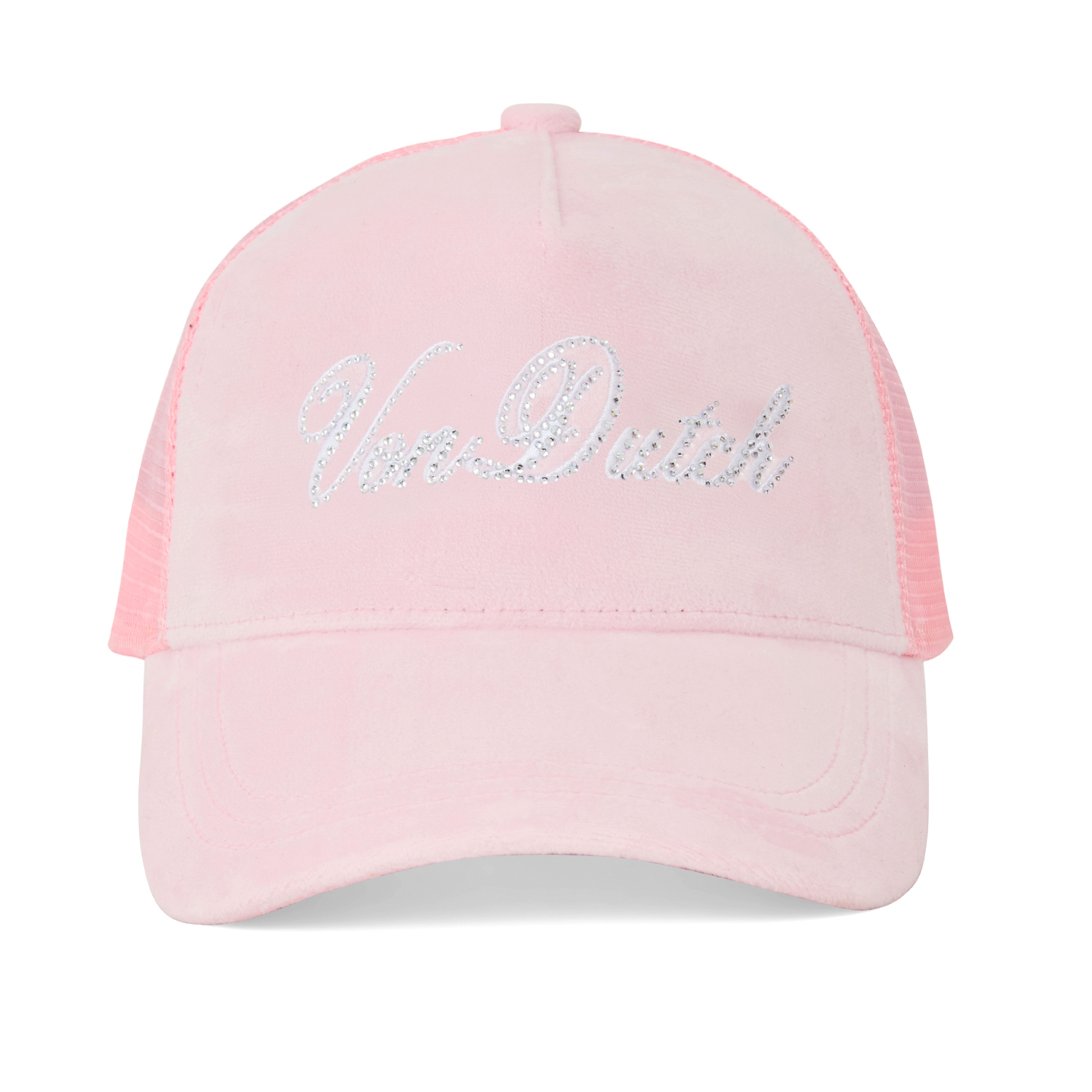 Von Dutch ピンクストーンデニムキャップ00s archive Baby Pink Velour Rhinestone Trucker Hat | Von Dutch