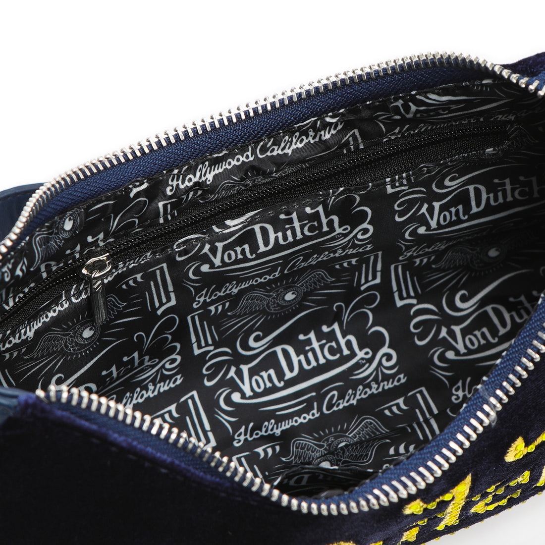 Von Dutch Blue & Yellow Rhinestone Velvet Shoulder Bag — image 6