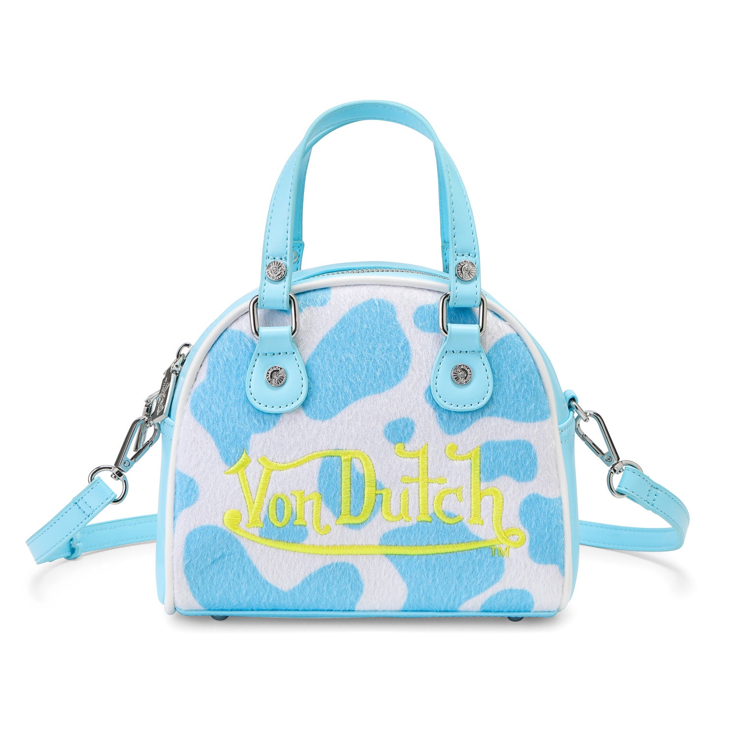 Light Blue & White Cow Print Vegan Pony Hair Bowling Bag | Von Dutch