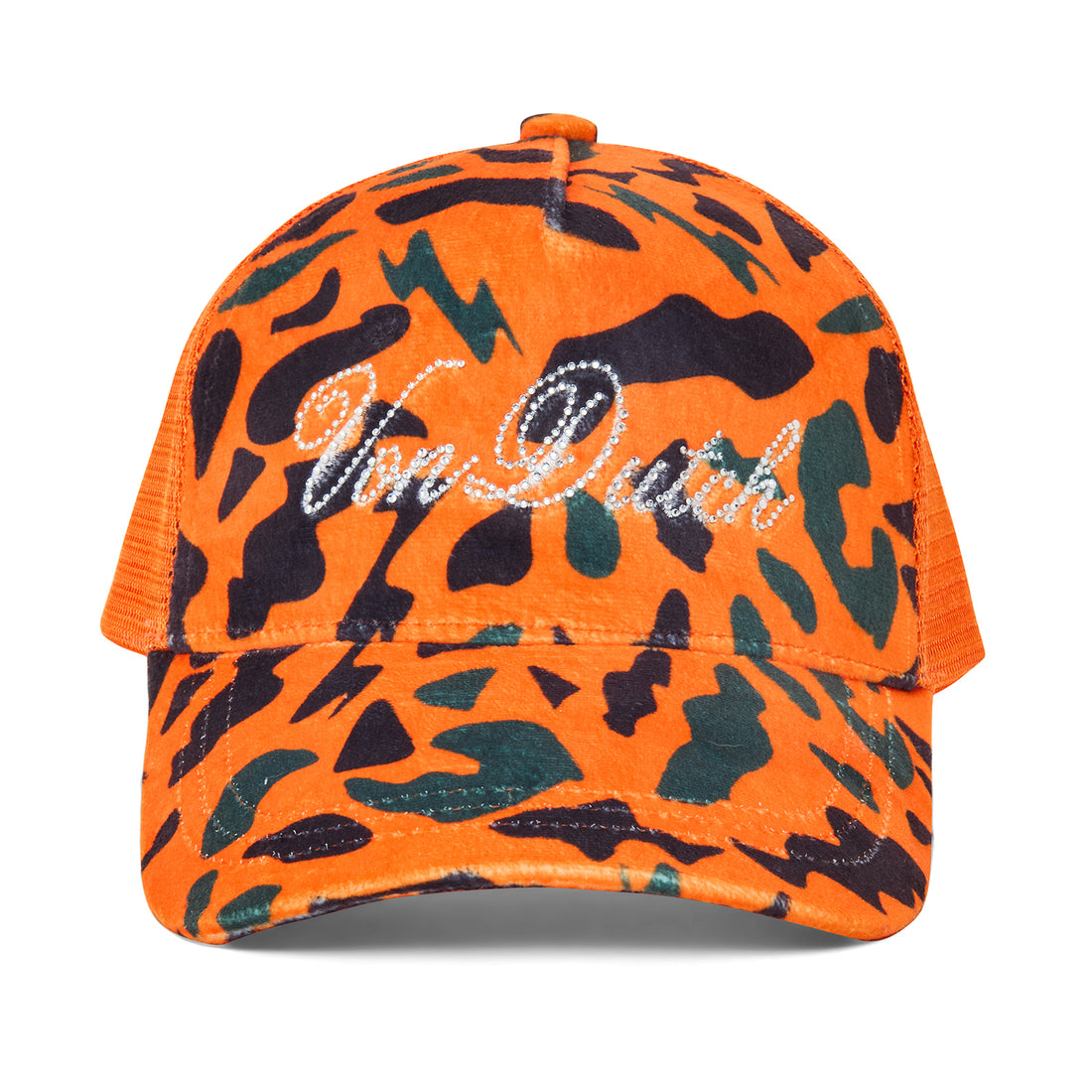Orange Camo Velour Rhinestone Trucker Hat — image 1