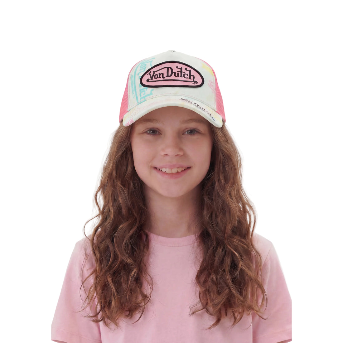 Kids Light Denim Trucker Hat - Pink Logo — image 2