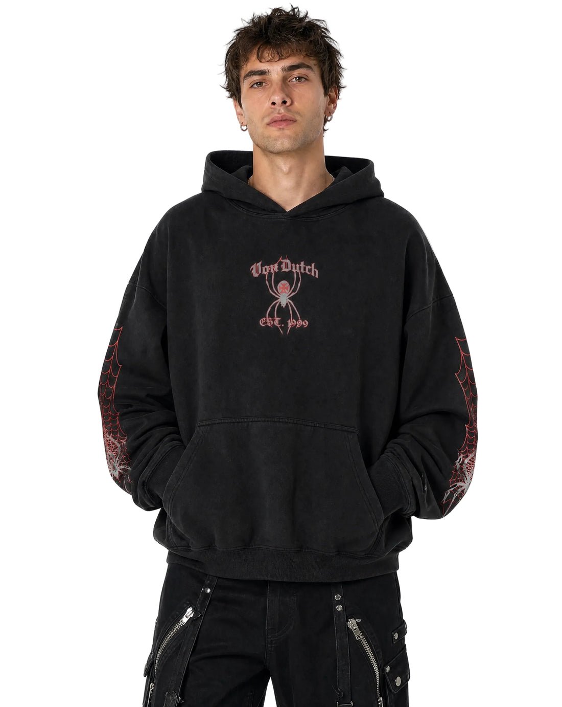 SPIDER NEST HOODIE - WASHED BLACK & RED