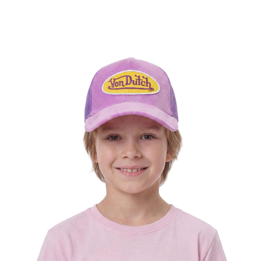Kids Purple & Yellow Velvet Trucker Hat — image 2