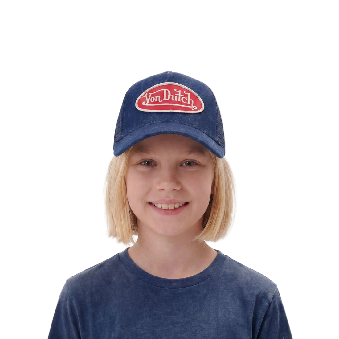 Kids Denim Trucker Hat - Red & White Logo — image 2