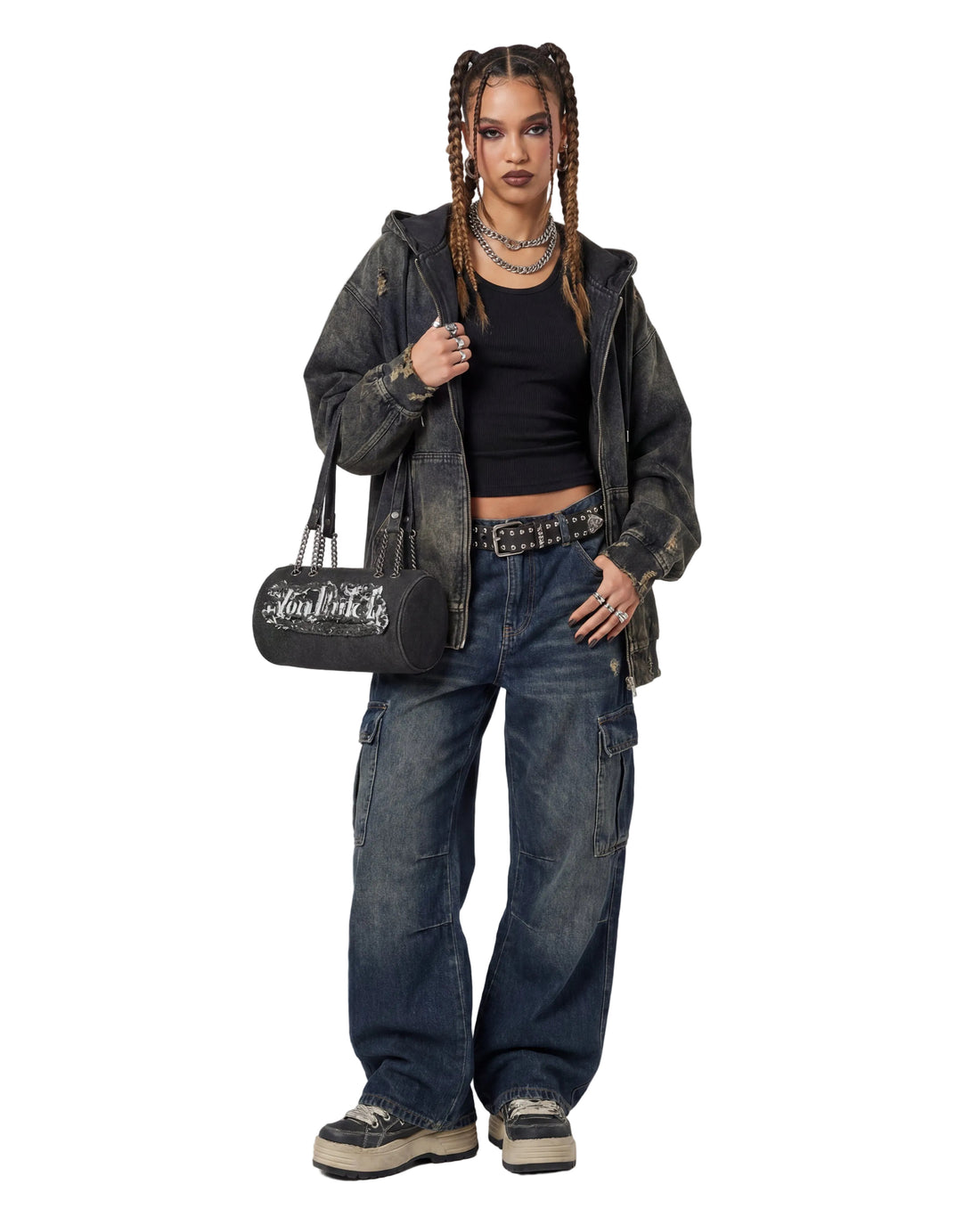 Barrel Bag - Long Barrel Black Distressed Denim — image 2