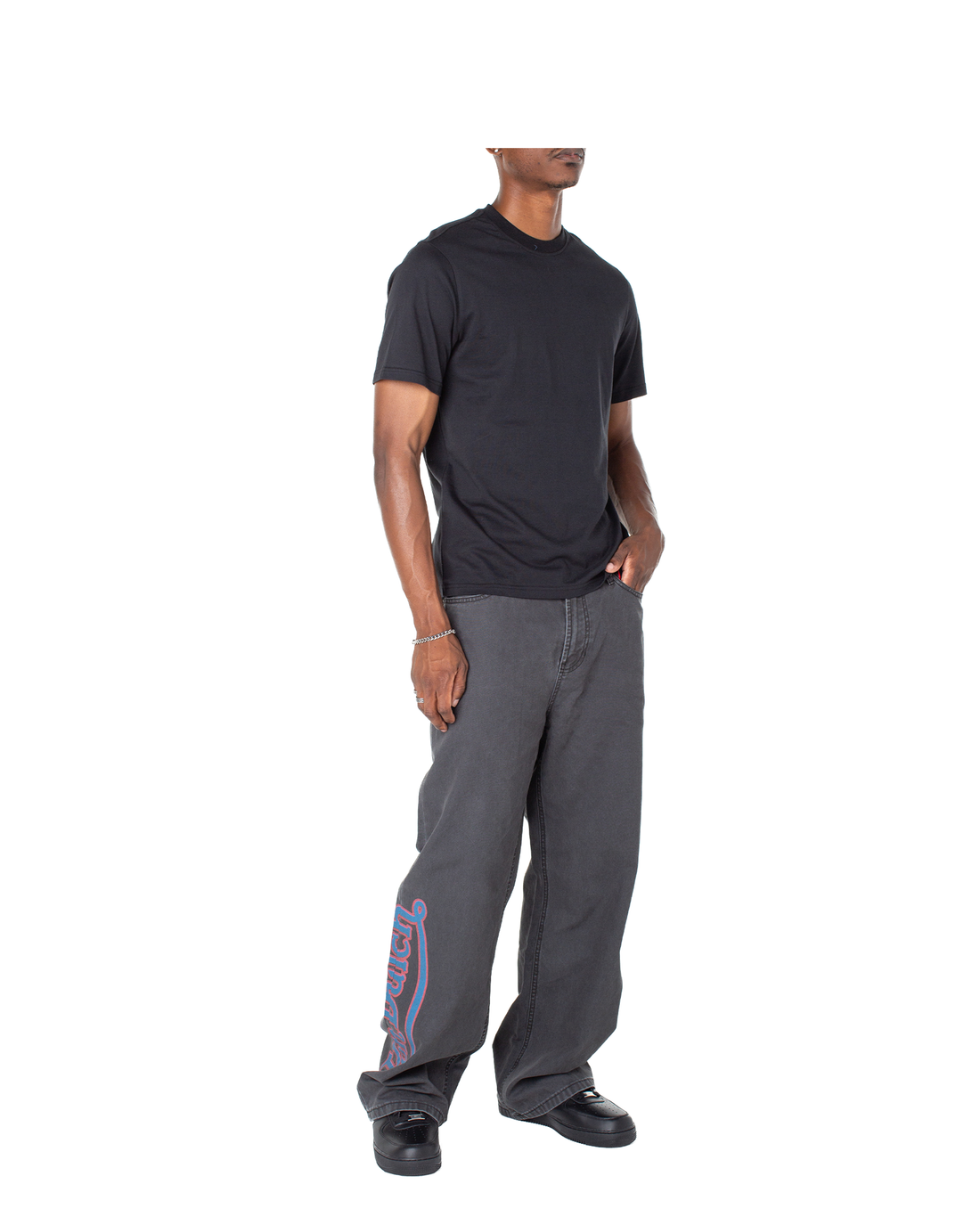Men's Baggy Contrast Graphic Patch Straight Reaper Pant - Black