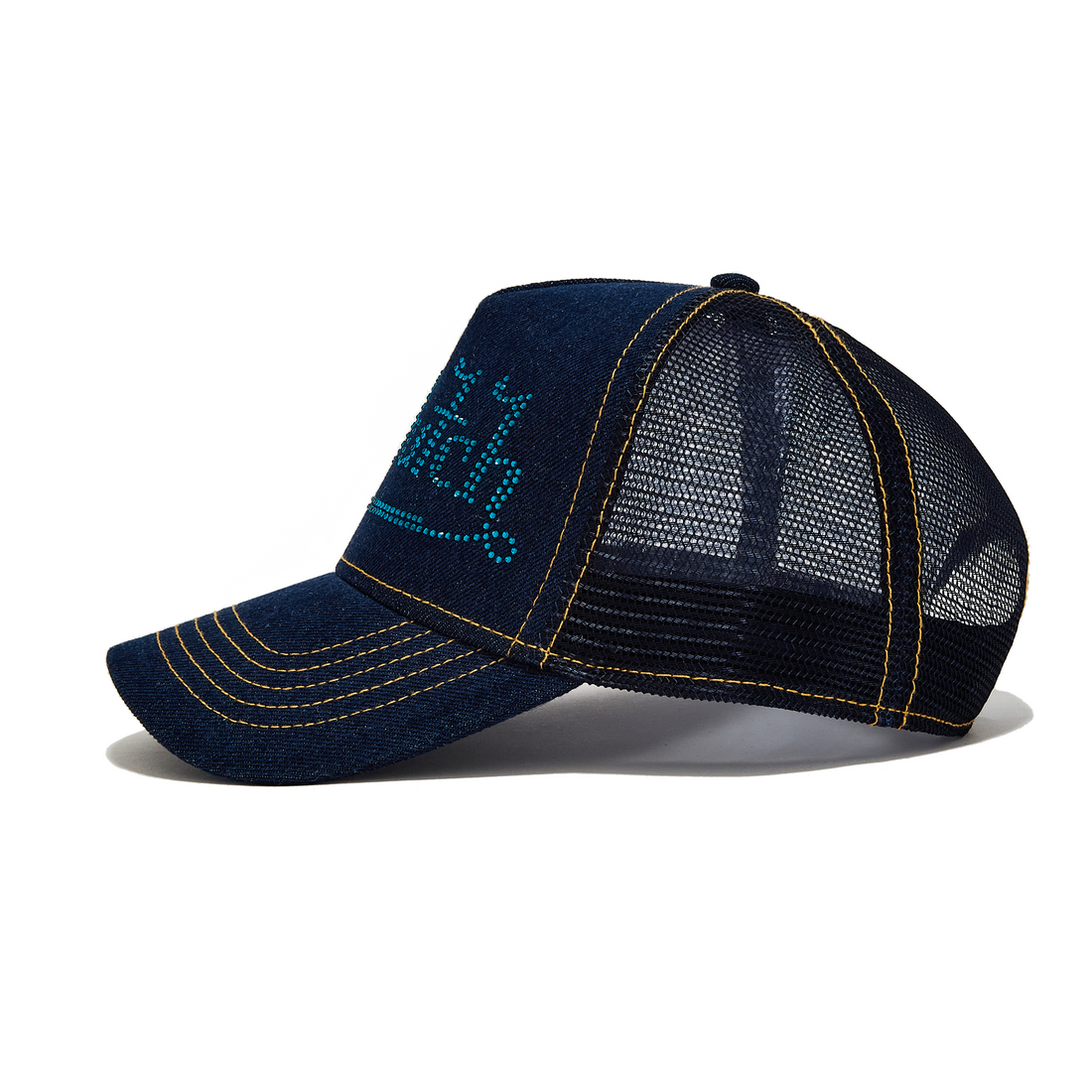 Navy Rhinestone Logo Denim Trucker Hat