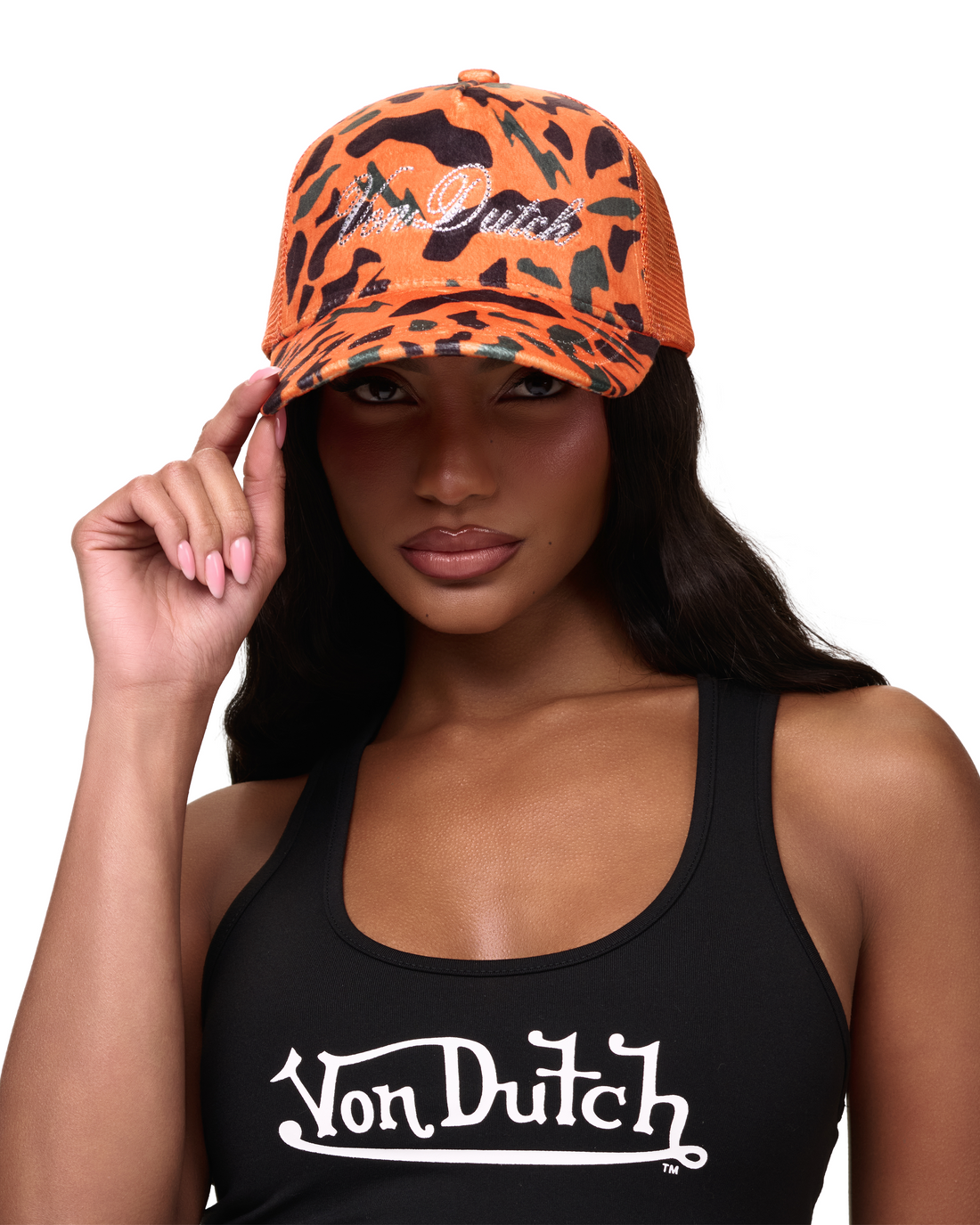 Orange Camo Velour Rhinestone Trucker Hat — image 2