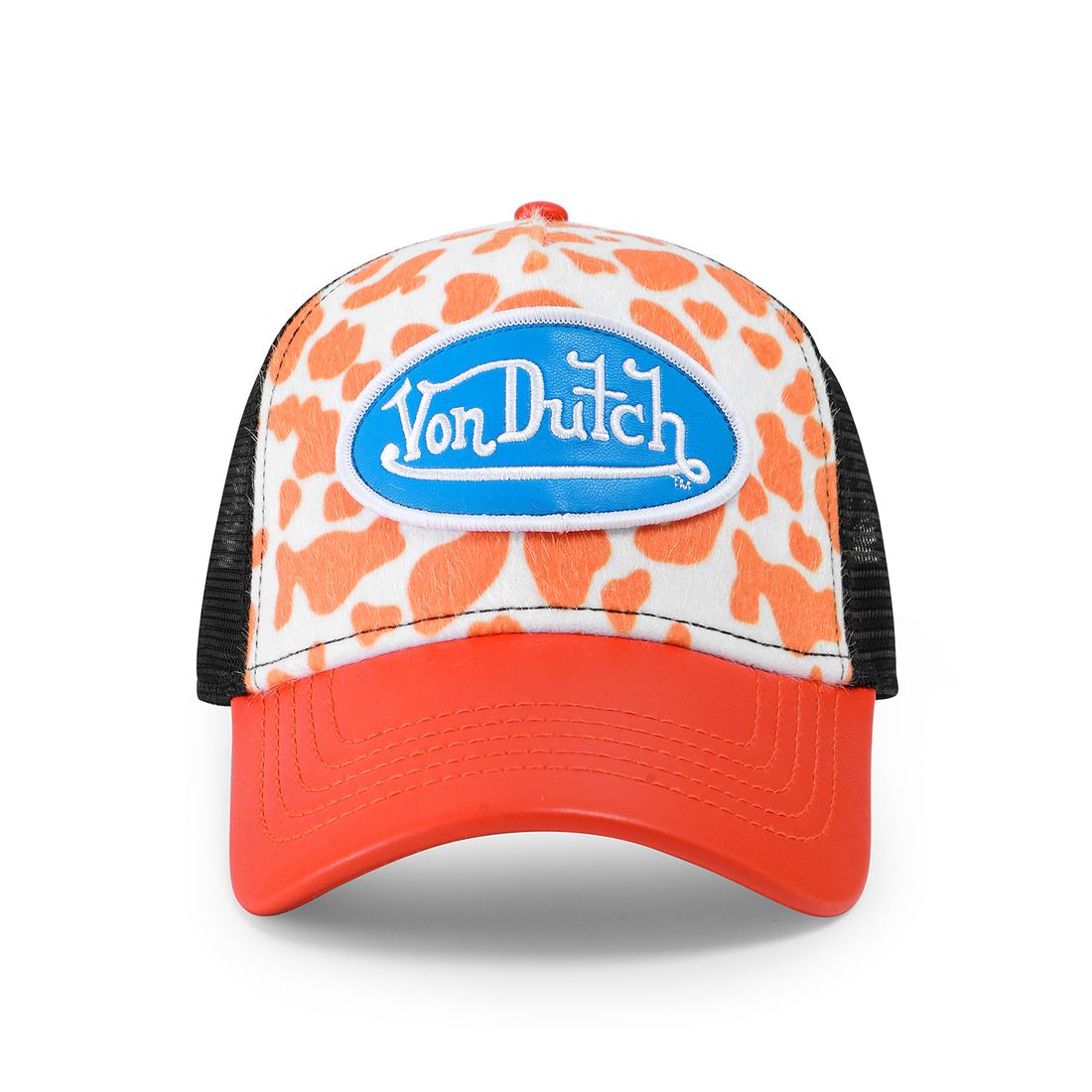 Vegan Pony Hair Trucker Hat -Orange Cow Print — image 1