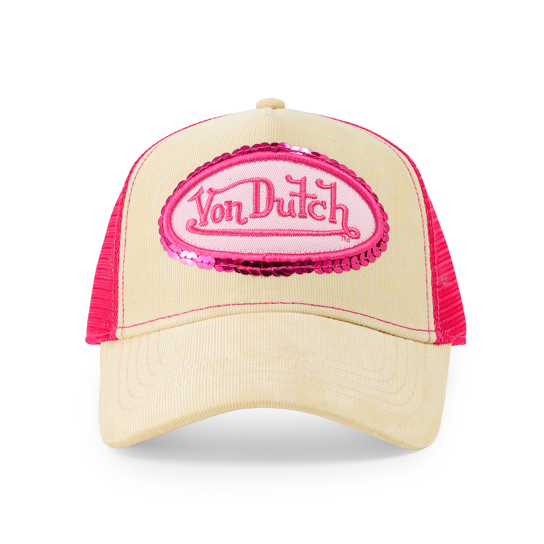 Pink Sequin on Beige Trucker Hat