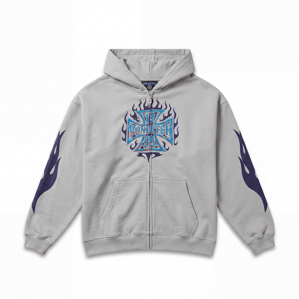 GREY CHOPPER FLAMES - ZIP UP HOODIE