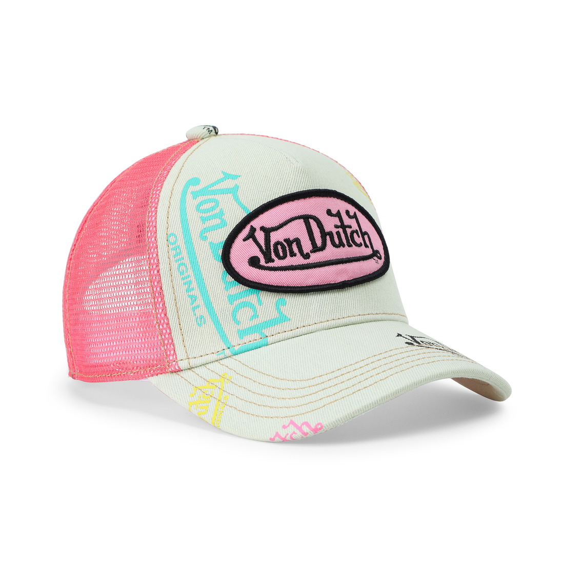 Kids Light Denim Trucker Hat - Pink Logo — image 6