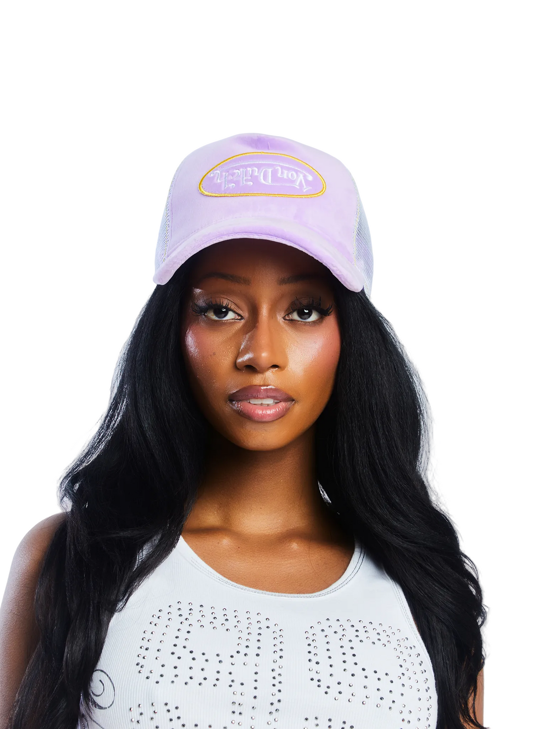 Purple Reverse Logo Velvet Trucker Hat — image 2