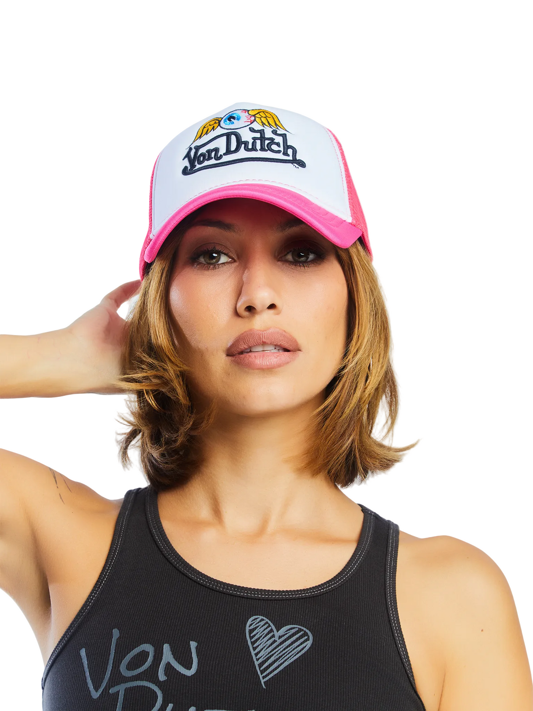 Hot Pink Flying Eyeball Wordmark Trucker Hat