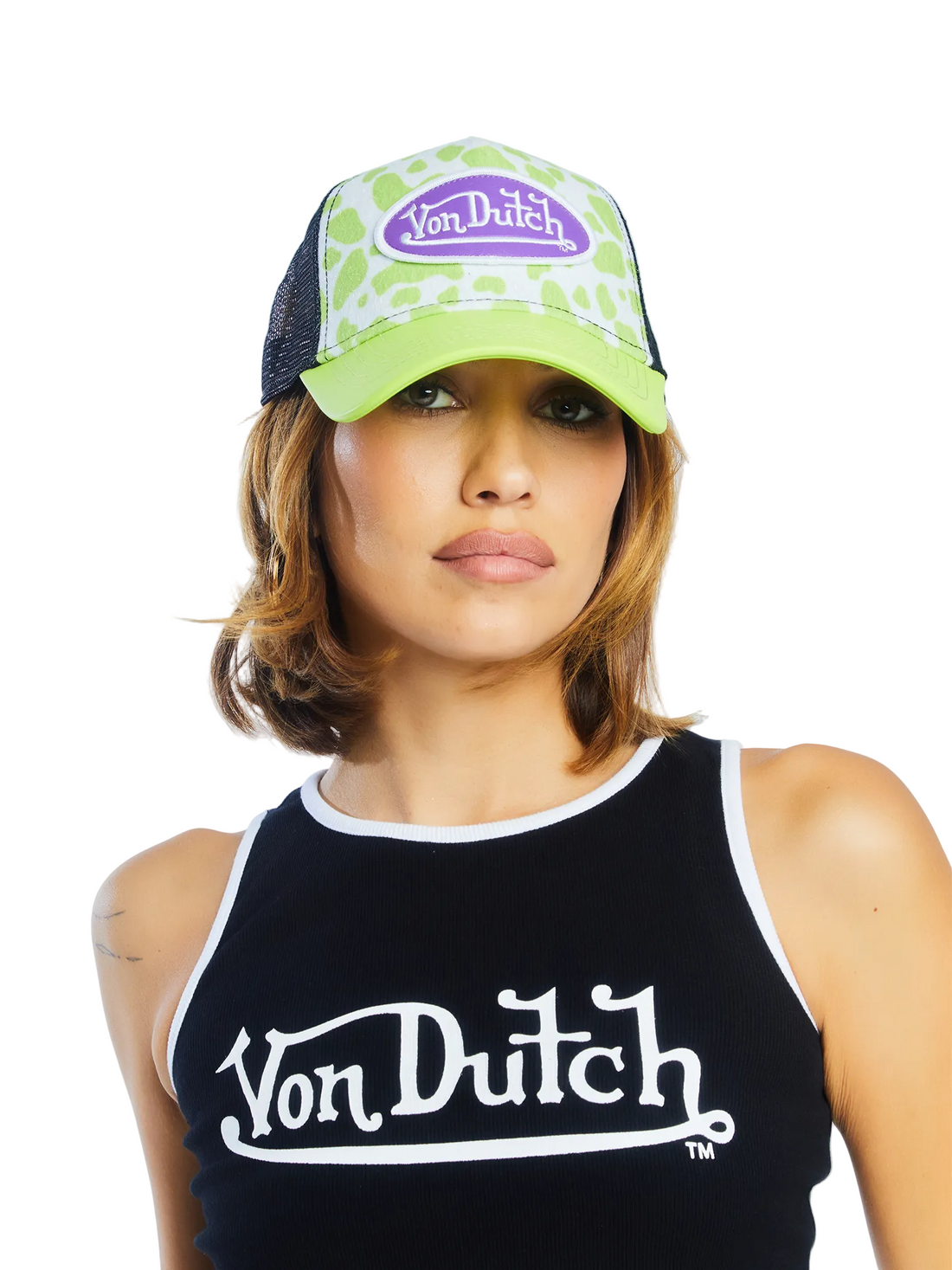 Vegan Pony Hair Trucker Hat -Lime Green Cow Print