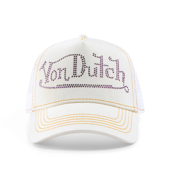 Rhinestone Trucker Hat - White with Purple Rhinestones