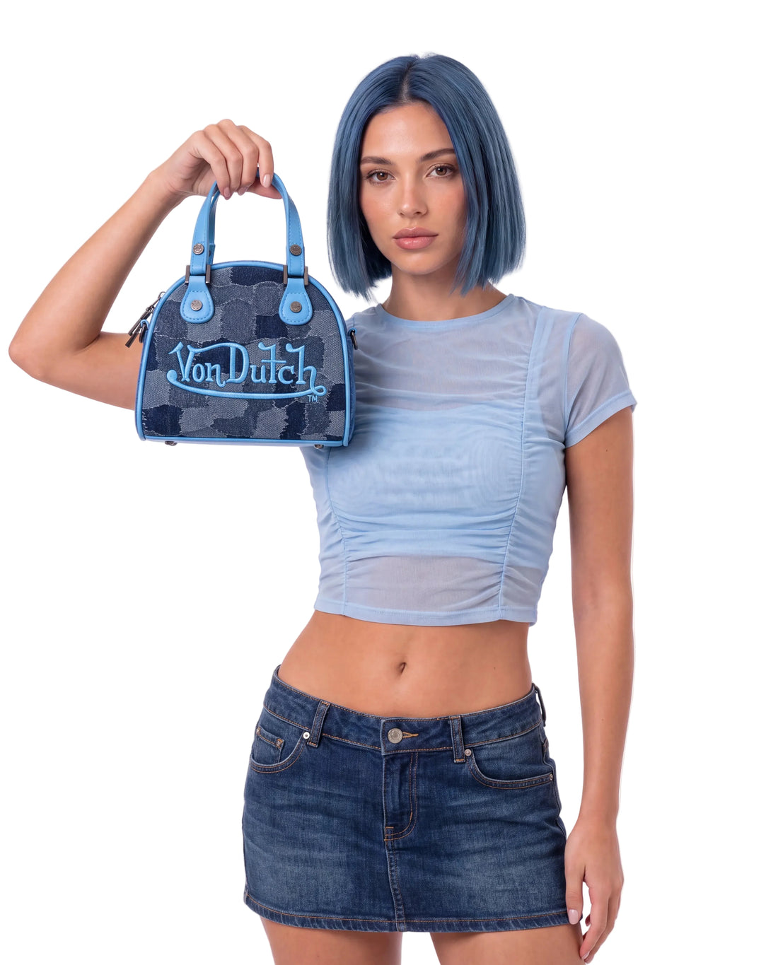 Blue Patch Denim Bowling Bag — Dark Wash