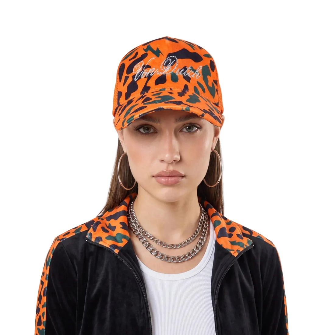 Orange Camo Velour Rhinestone Trucker Hat — image 2