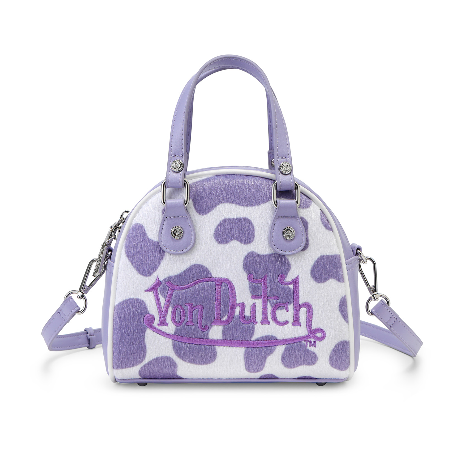 Purple & White Cow Print Vegan Pony Hair Bowling Bag | Von Dutch