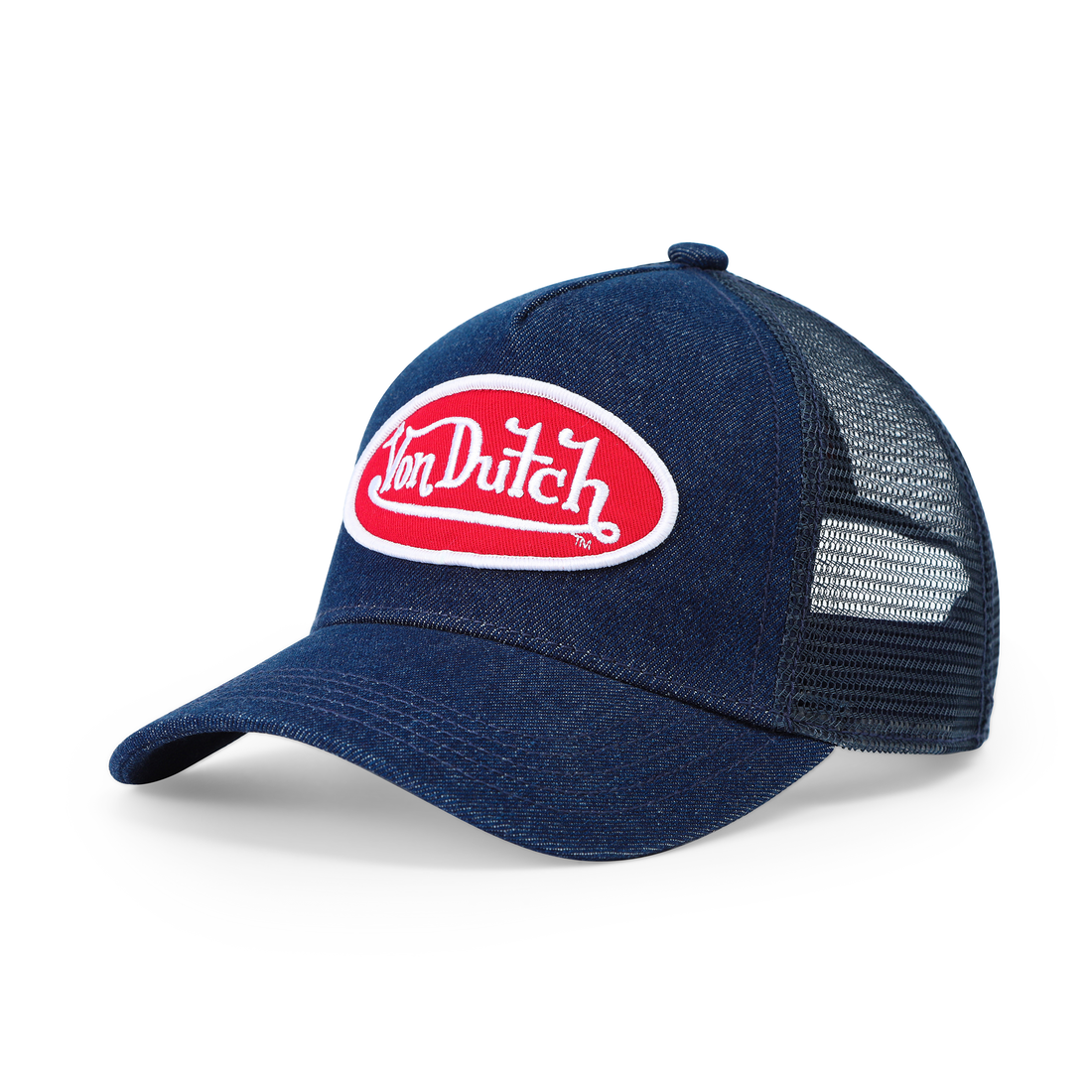 Kids Denim Trucker Hat - Red & White Logo — image 8