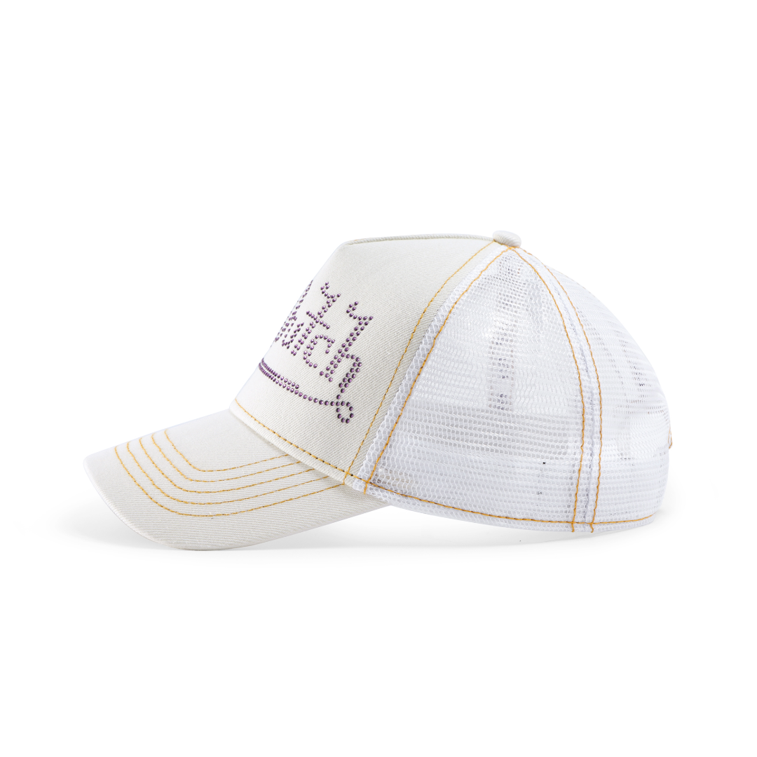 Rhinestone Trucker Hat - White with Purple Rhinestones