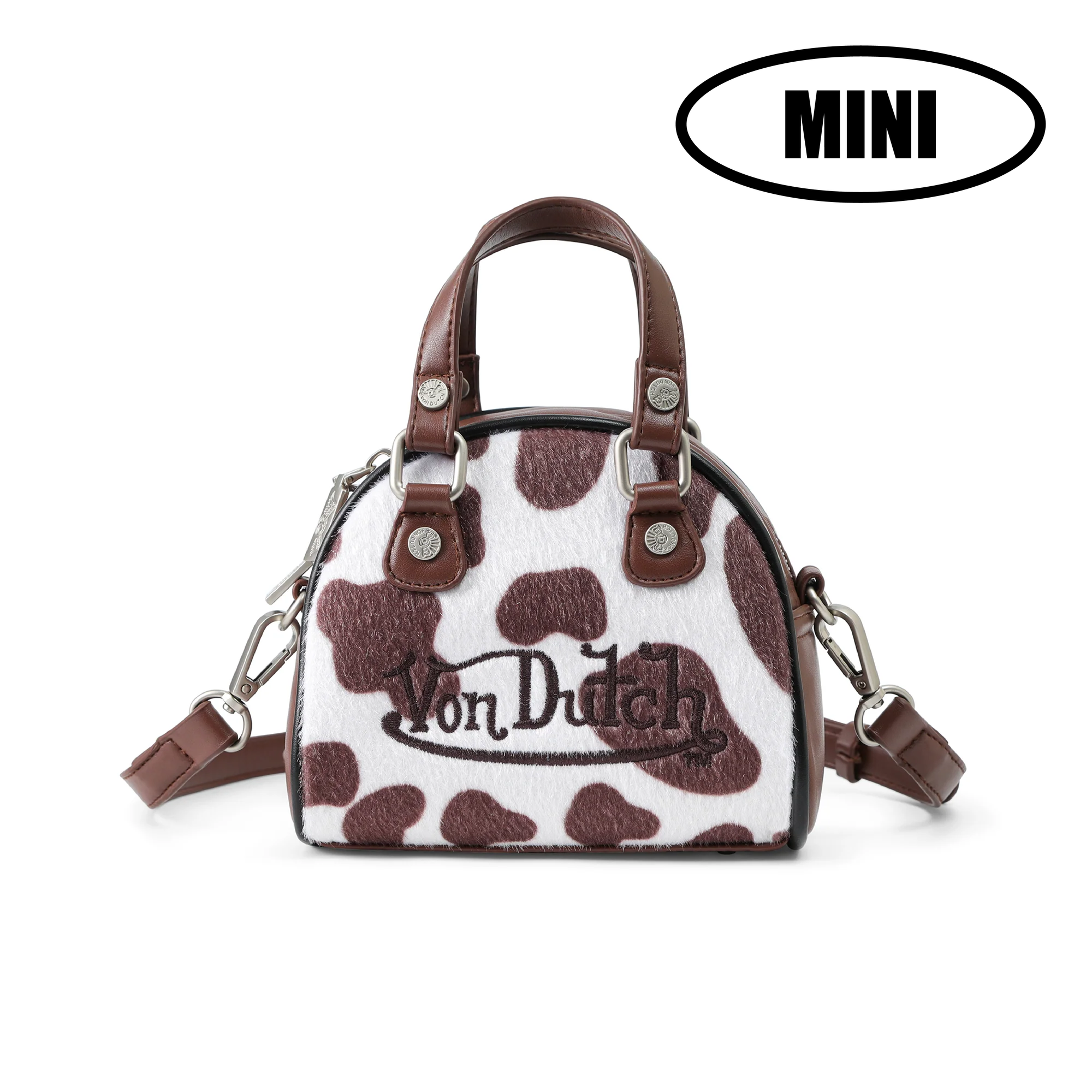 Von Dutch Mini Cow Print Bowling Bag - Brown & White
