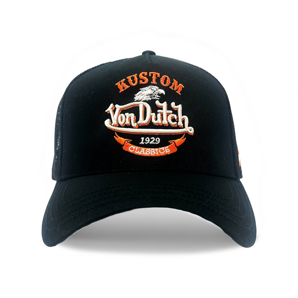 Black & Orange Kustom Classics Logo Trucker Hat | Von Dutch display picture 1