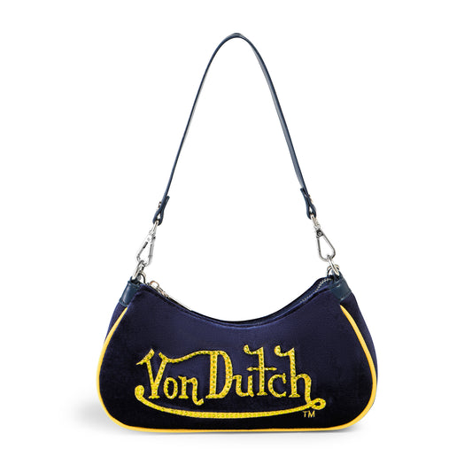 Von Dutch Blue & Yellow Rhinestone Velvet Shoulder Bag