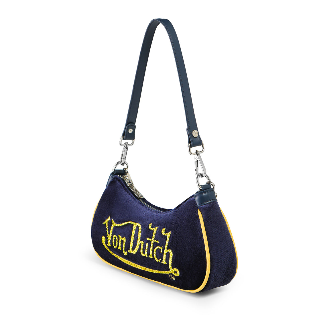 Von Dutch Blue & Yellow Rhinestone Velvet Shoulder Bag — image 4