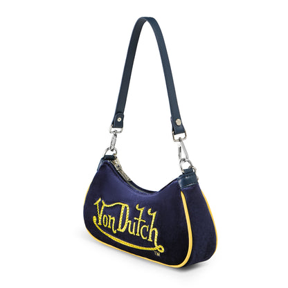 Von Dutch Blue & Yellow Rhinestone Velvet Shoulder Bag