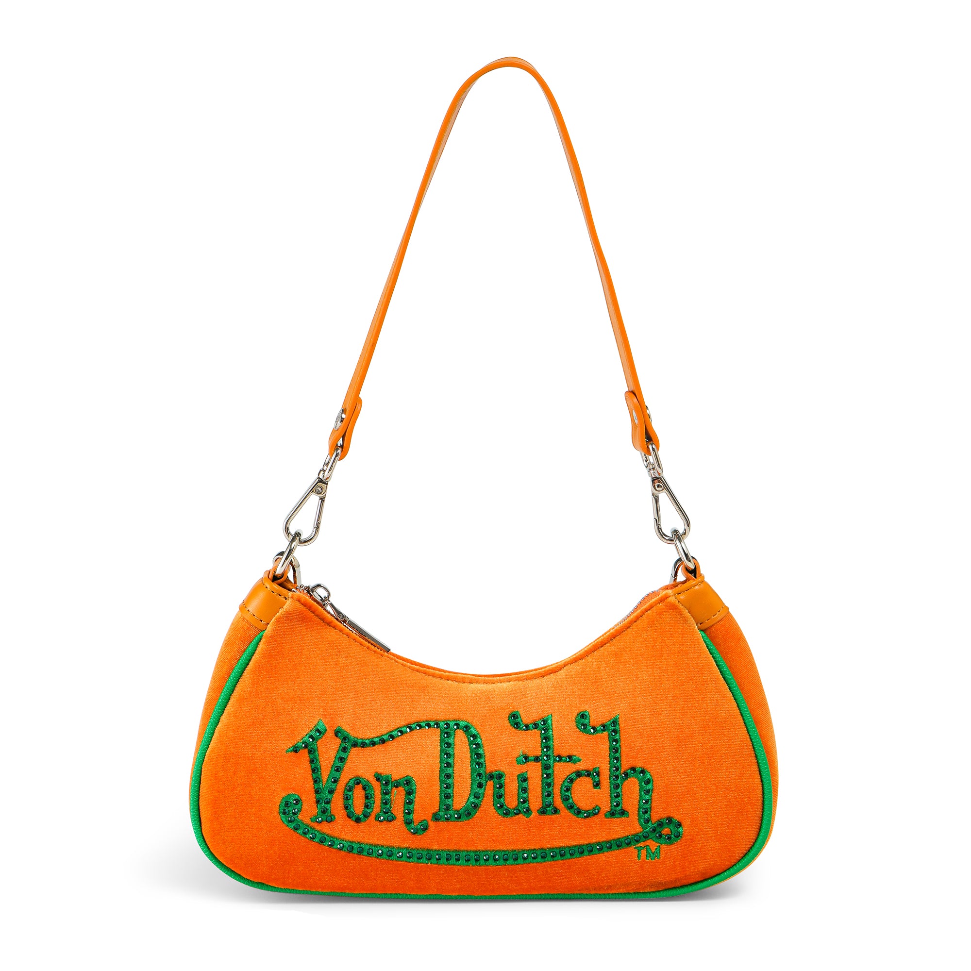 Von Dutch Orange & Green Rhinestone Velvet Shoulder Bag