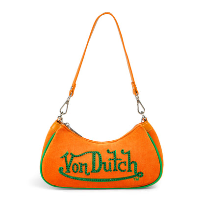 Orange & Green Rhinestone Velvet Shoulder Bag