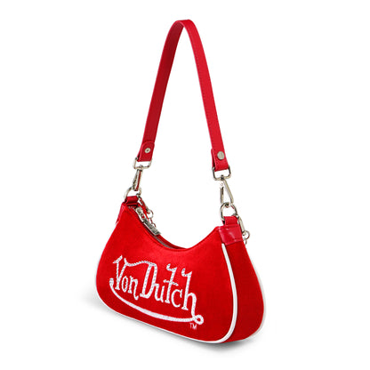 Red & White Rhinestone Velvet Shoulder Bag