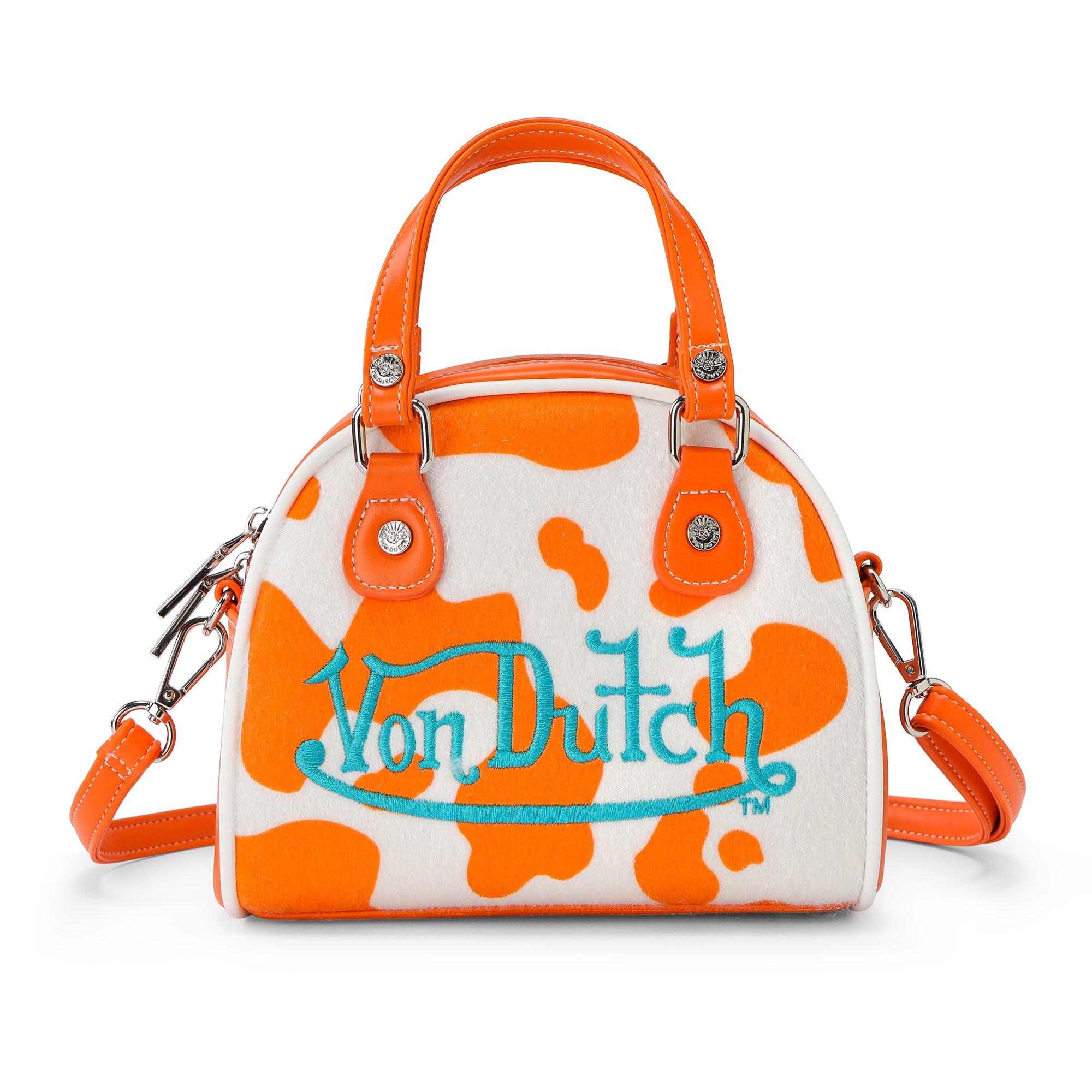 Von Dutch Orange Cow Print Vegan Pony Hair Bowling Bag