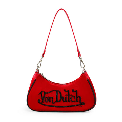 Red & Black Rhinestone Velvet Shoulder Bag