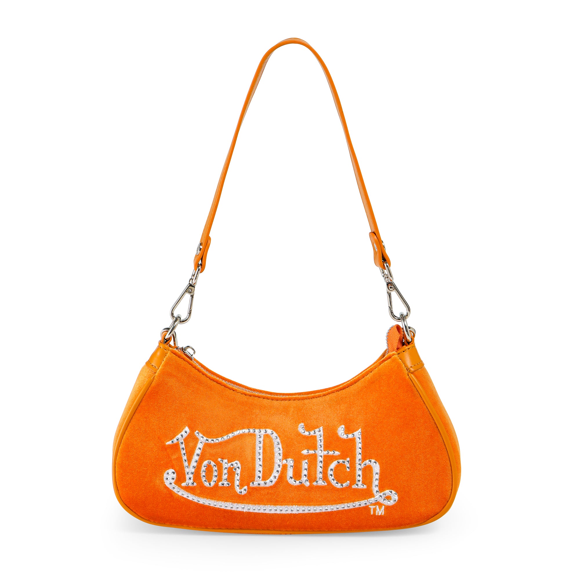 Von Dutch Orange & White Rhinestone Velvet Shoulder Bag