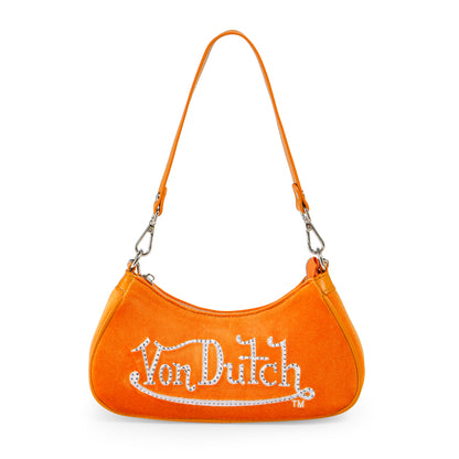 Orange & White Rhinestone Velvet Shoulder Bag