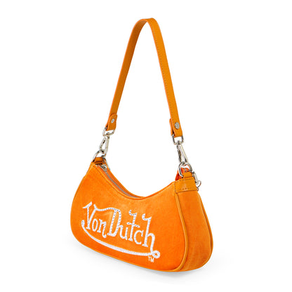 Orange & White Rhinestone Velvet Shoulder Bag