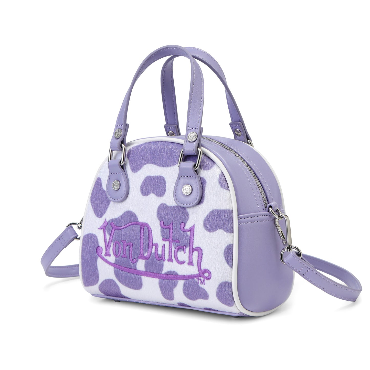 Purple & White Cow Print Vegan Pony Hair Bowling Bag
