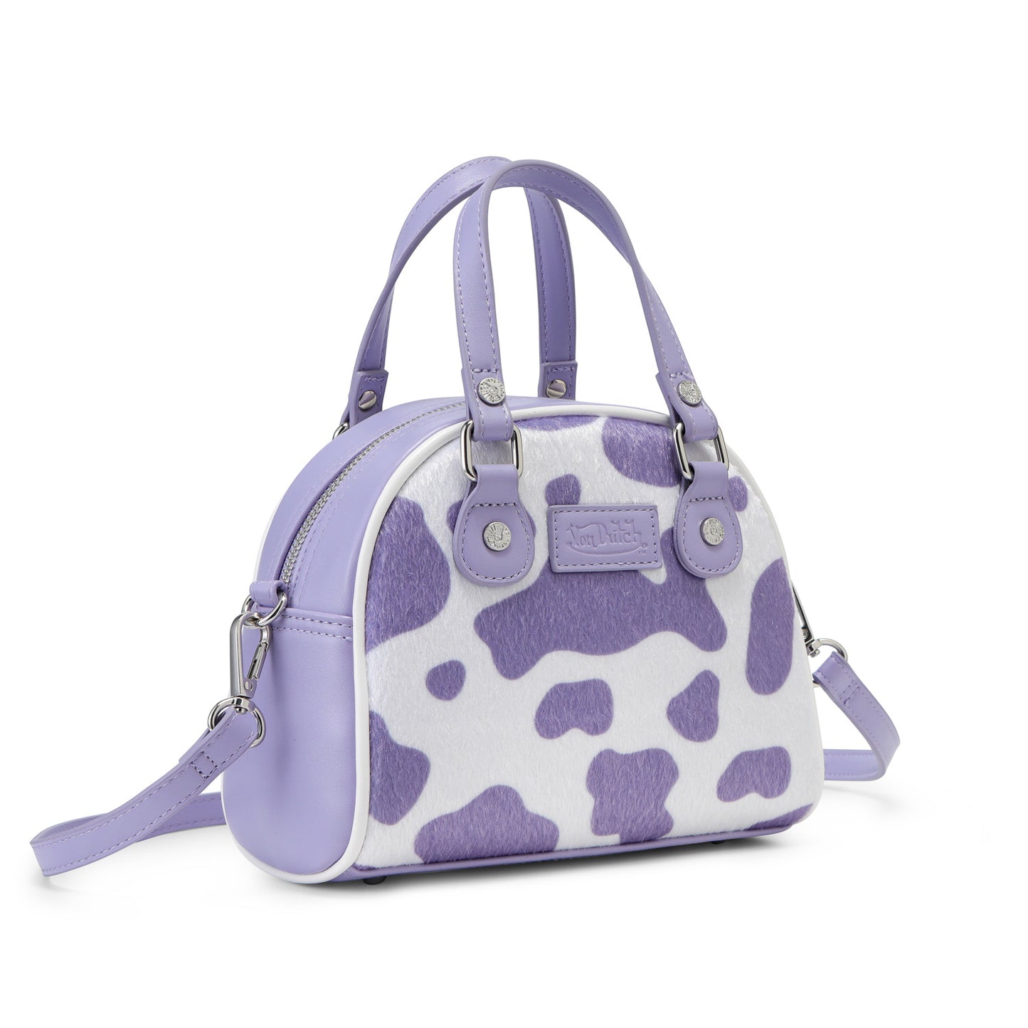 Purple & White Cow Print Vegan Pony Hair Bowling Bag