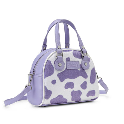 Purple & White Cow Print Vegan Pony Hair Bowling Bag