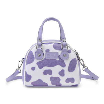 Purple & White Cow Print Vegan Pony Hair Bowling Bag