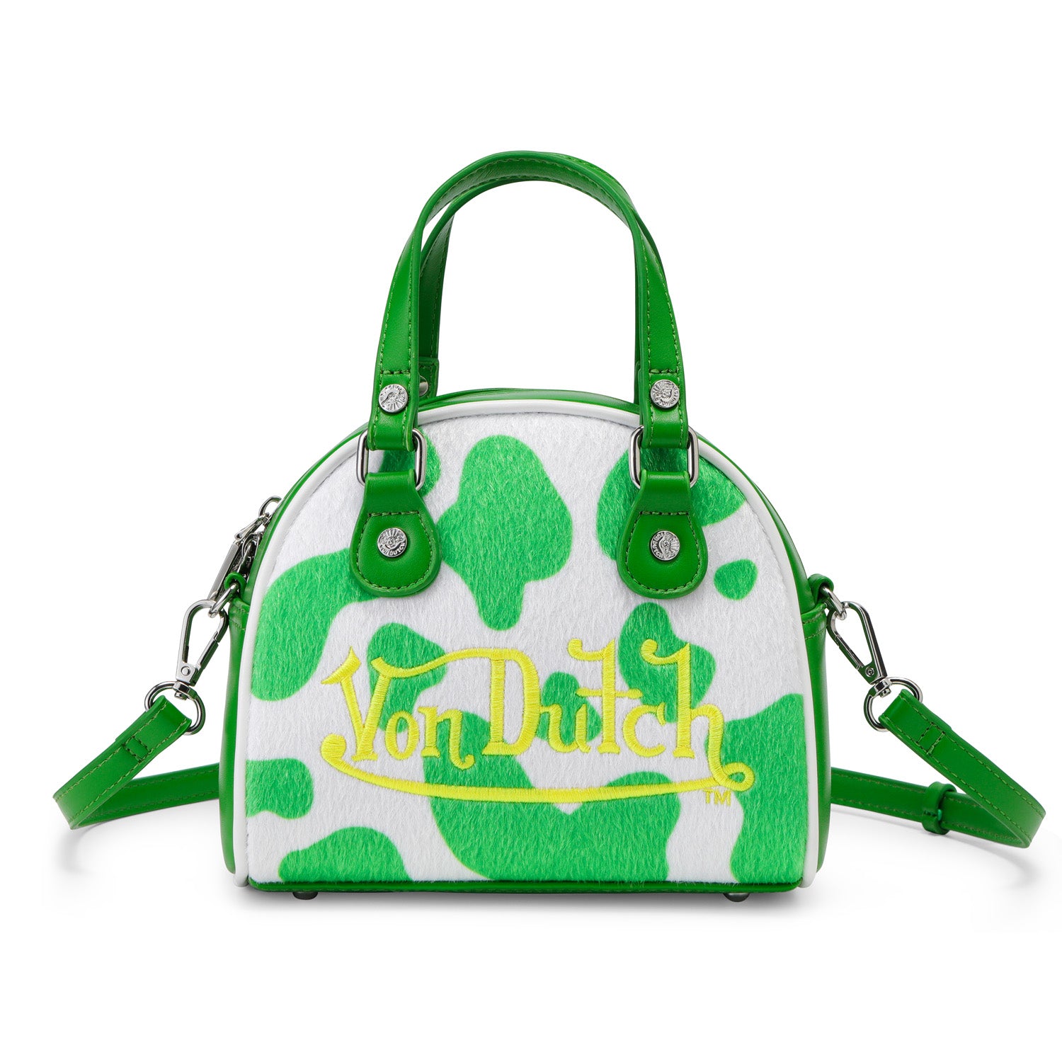 Green & White Cow Print Vegan Pony Hair Bowling Bag | Von Dutch