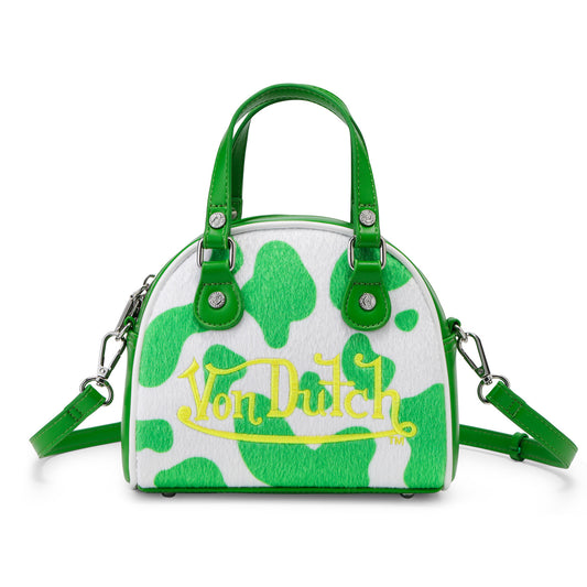 Green & White Cow Print Vegan Pony Hair Bowling Bag