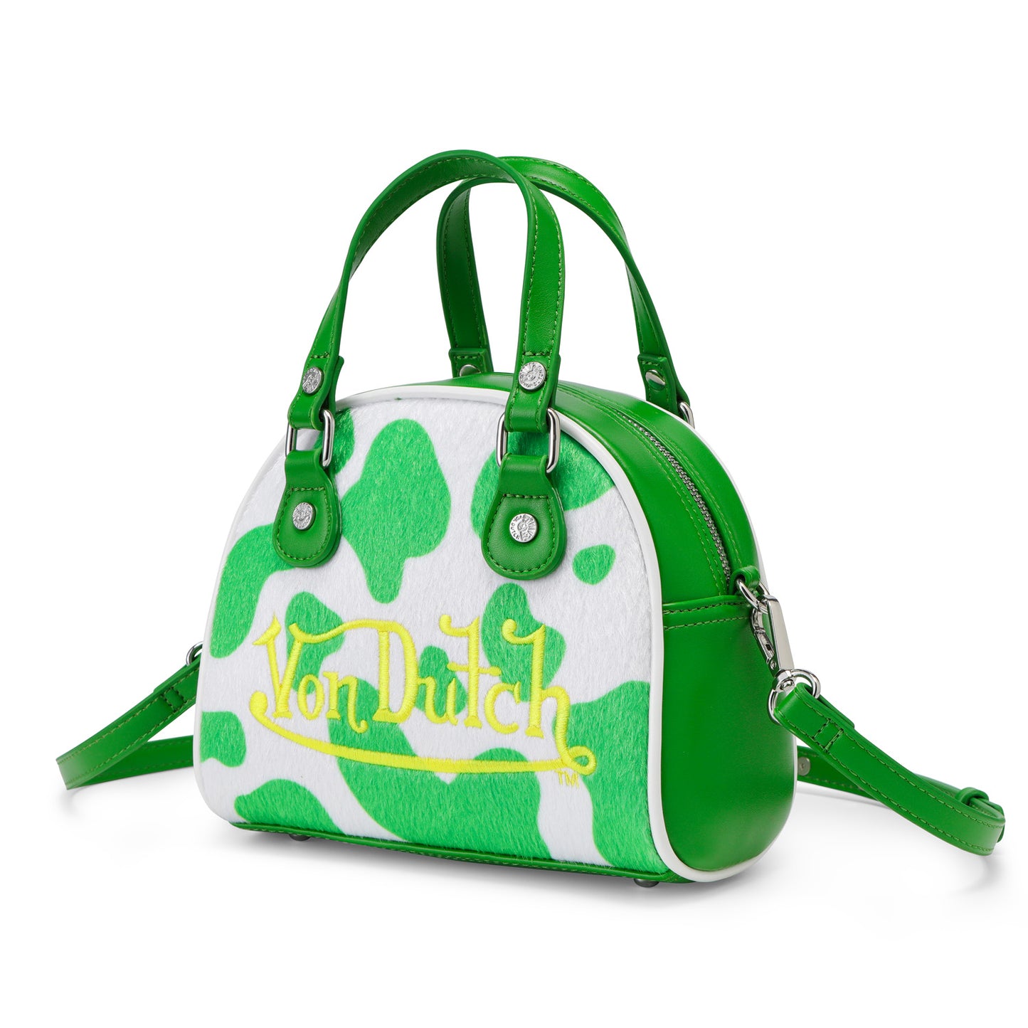 Green & White Cow Print Vegan Pony Hair Bowling Bag