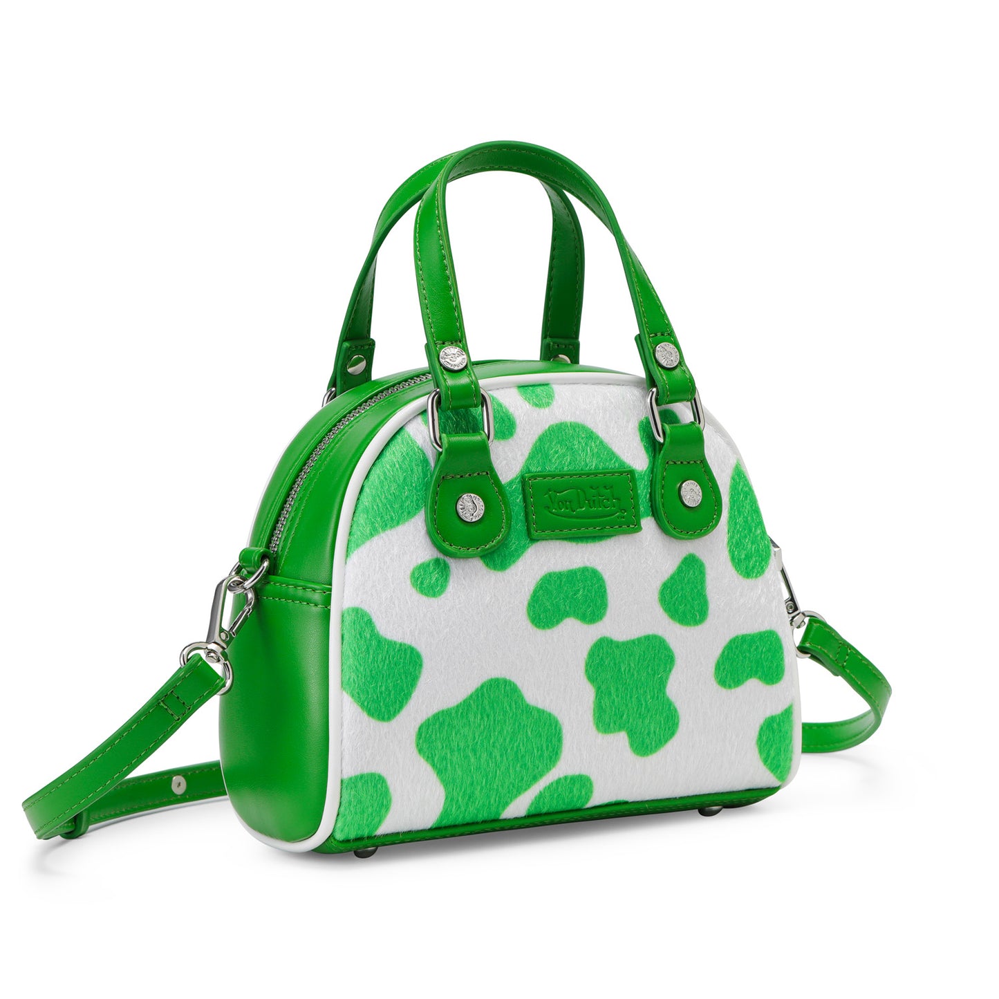 Green & White Cow Print Vegan Pony Hair Bowling Bag