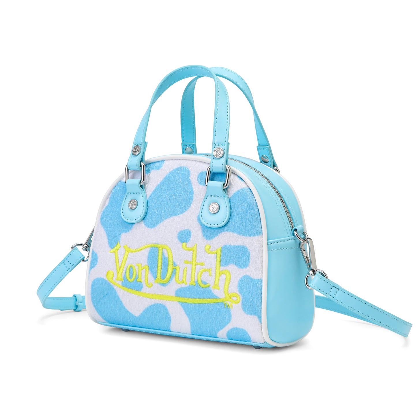 Light Blue & White Cow Print Vegan Pony Hair Bowling Bag