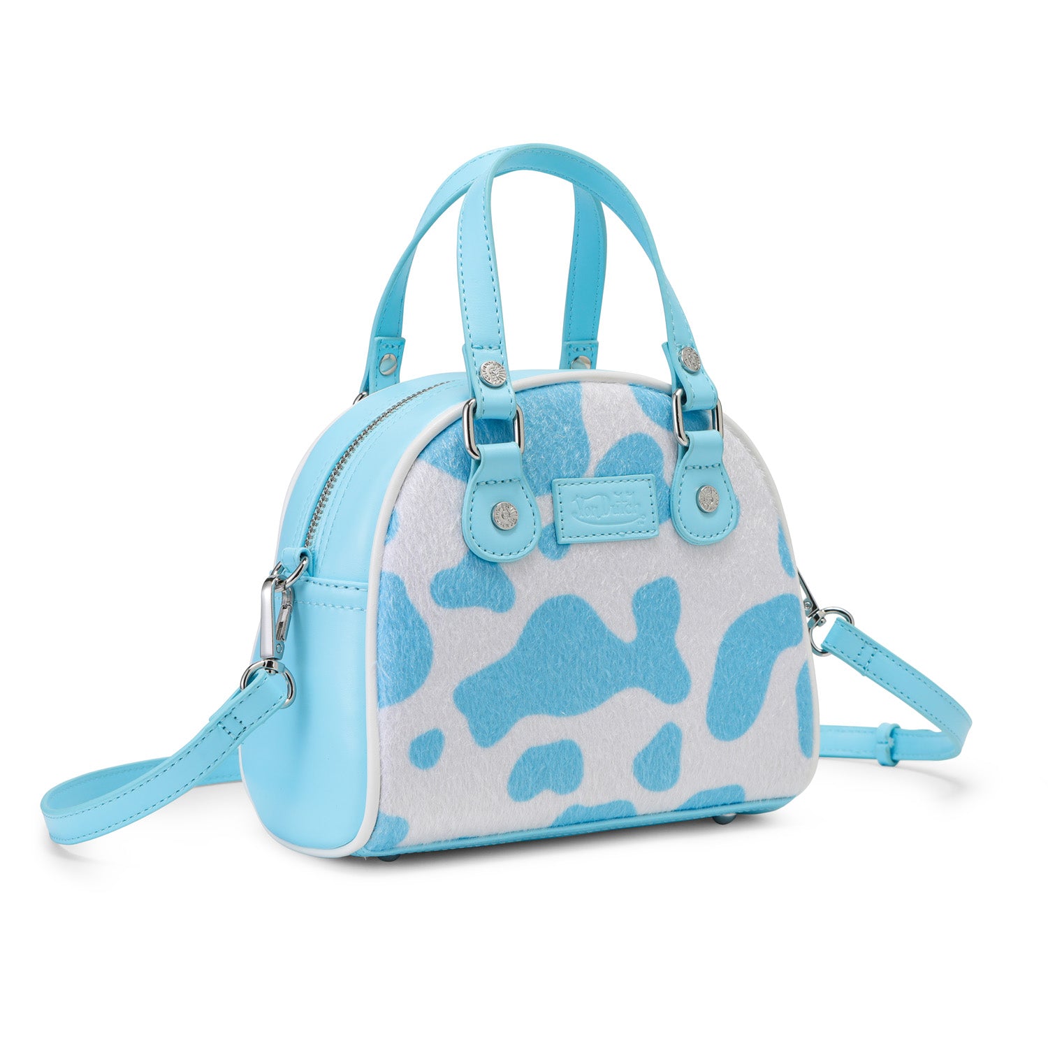 レア　Von Dutch バッグ　ブルー　ホワイト Light Blue & White Cow Print Vegan Pony Hair Bowling Bag | Von Dutch
