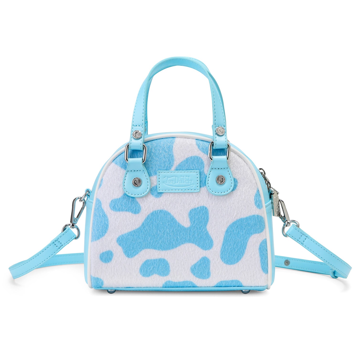 Light Blue & White Cow Print Vegan Pony Hair Bowling Bag | Von Dutch