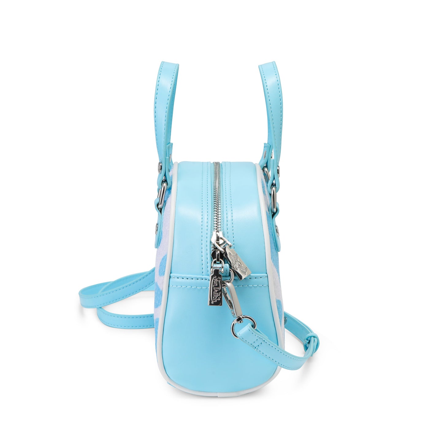 Light Blue & White Cow Print Vegan Pony Hair Bowling Bag